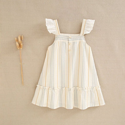 VESTIDO DE NIÑA CON RAYAS AZULES Y CAMEL
