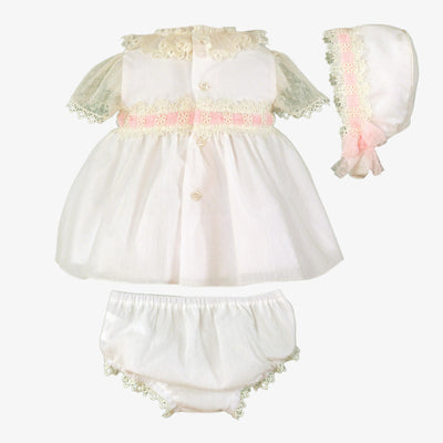 VESTIDO COLOR CRUDO CINTA ROSA