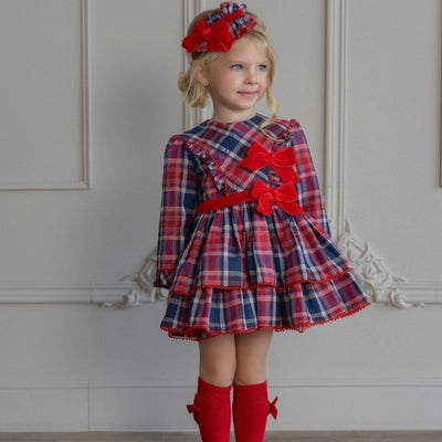 VESTIDO CUADROS AZUL CON ROJO NIÑA