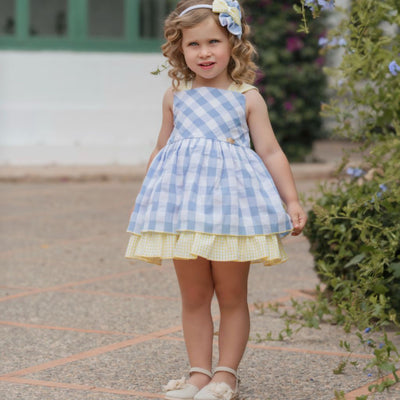 VESTIDO INFANTIL CUADROS CELESTE Y AMARILLO
