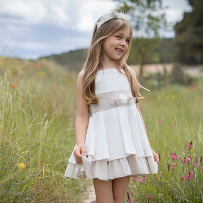 VESTIDO INFANTIL CEREMONIA BLANCO Y CAQUI