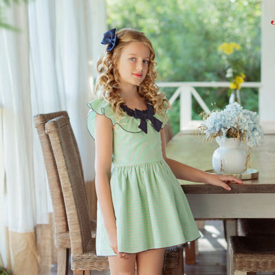VESTIDO PARA NIÑA COLOR VERDE CON LINEAS NARANJAS