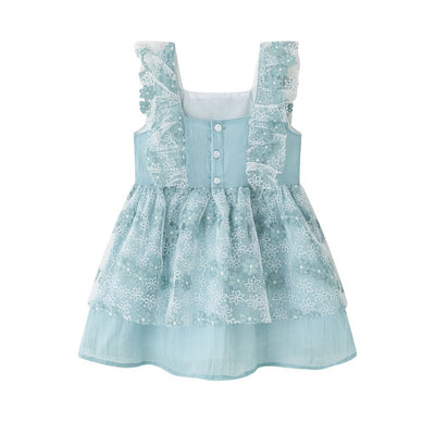 VESTIDO DE NIÑA CON TIRANTES DE VOLANTES. TEJIDO DE TULL CON FLORES