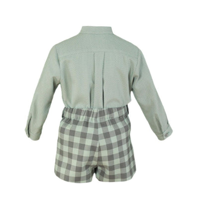 CONJUNTO NINO CAMISA MANGA LARGA Y PANTALON CORTO CUADROS VERDE EMPOLVADO - Menta Moda Infantil