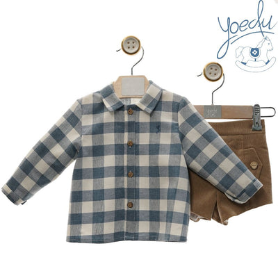 CONJUNTO BEBE NINO PANTALON CORTO CUADROS AZUL Y BLANCO FAMILIA NIEVES - Menta Moda Infantil