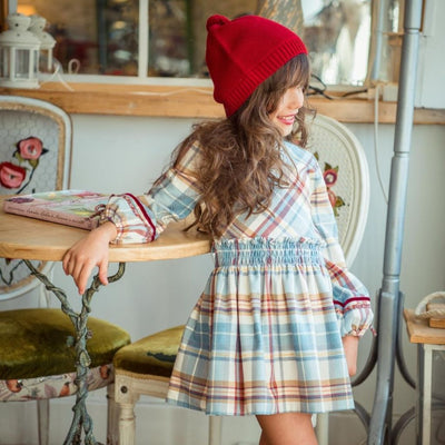 VESTIDO NINA MANGA LARGA TURQUESA CUADROS FAMILIA FANTASIA - Menta Moda Infantil