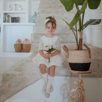 VESTIDO NIÑA CEREMONIA CRUDO Y ENCAJE - Menta Moda Infantil