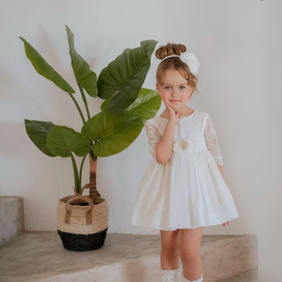 VESTIDO NIÑA CEREMONIA CRUDO Y ENCAJE - Menta Moda Infantil