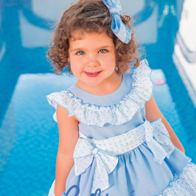 VESTIDO CORTE ALTO DOS MOÑOS CELESTE - Menta Moda Infantil