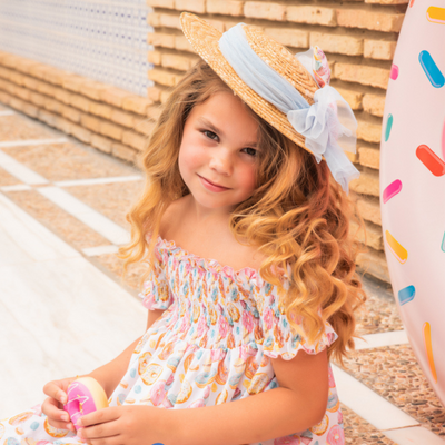 VESTIDO ESTAMPADO DONUTS HOMBROS DESCUBIERTOS - Menta Moda Infantil