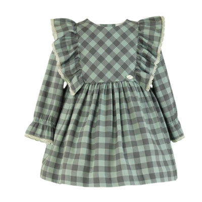 VESTIDO MANGA LARGA NINA CUADROS VERDE EMPOLVADO Y GRIS - Menta Moda Infantil