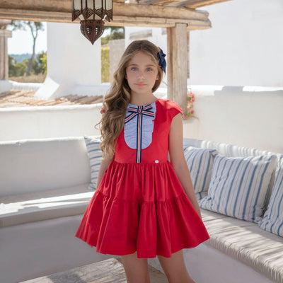 VESTIDO ROJO CON MOÑO TRICOLOR - Menta Moda Infantil