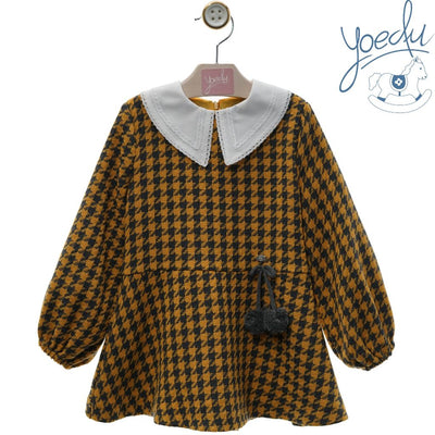 VESTIDO NINA MANGA LARGA PATA GALLO MOSTAZA Y GRIS FAMILIA ASPEN - Menta Moda Infantil