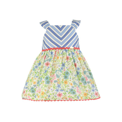 VESTIDO CELESTE LINEAS Y FLORES