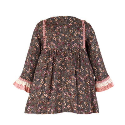 VESTIDO MANGA LARGA NINA FLORES ROSA PALO FONDO OSCURO - Menta Moda Infantil
