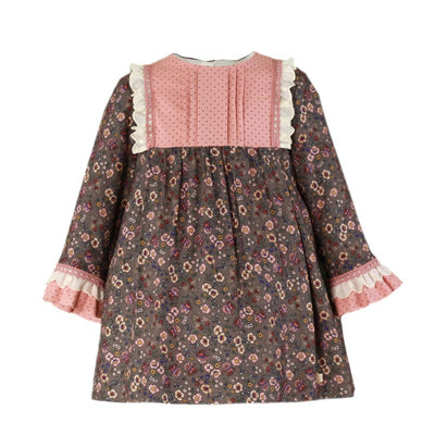 VESTIDO MANGA LARGA NINA FLORES ROSA PALO FONDO OSCURO - Menta Moda Infantil