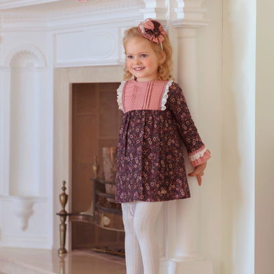 VESTIDO MANGA LARGA NINA FLORES ROSA PALO FONDO OSCURO - Menta Moda Infantil