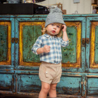 CONJUNTO BEBE NINO PANTALON CORTO CUADROS AZUL Y BLANCO FAMILIA NIEVES - Menta Moda Infantil