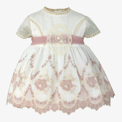 VESTIDO BEBE NIÑA CEREMONIA CRUDO Y ROSA