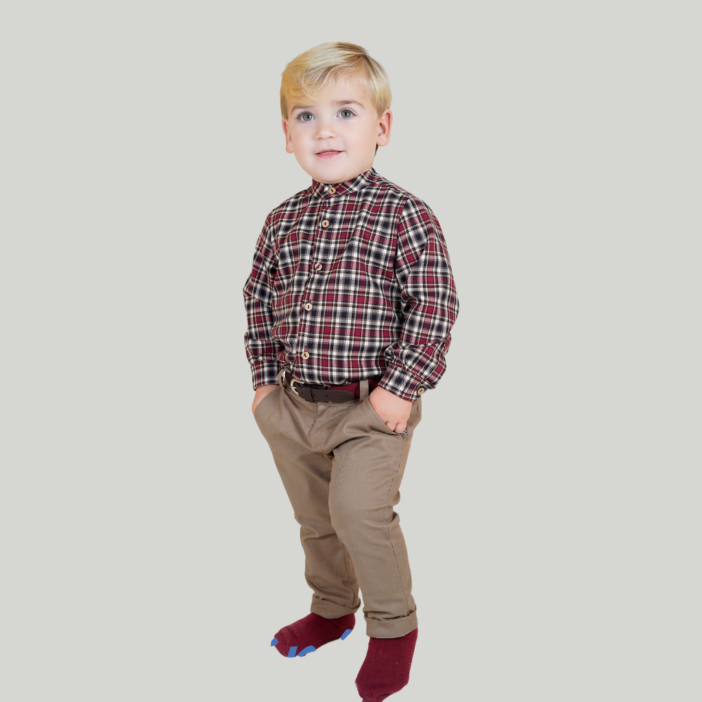 CAMISA PARA NIÑO DE CUADROS VINO Y BEIGE