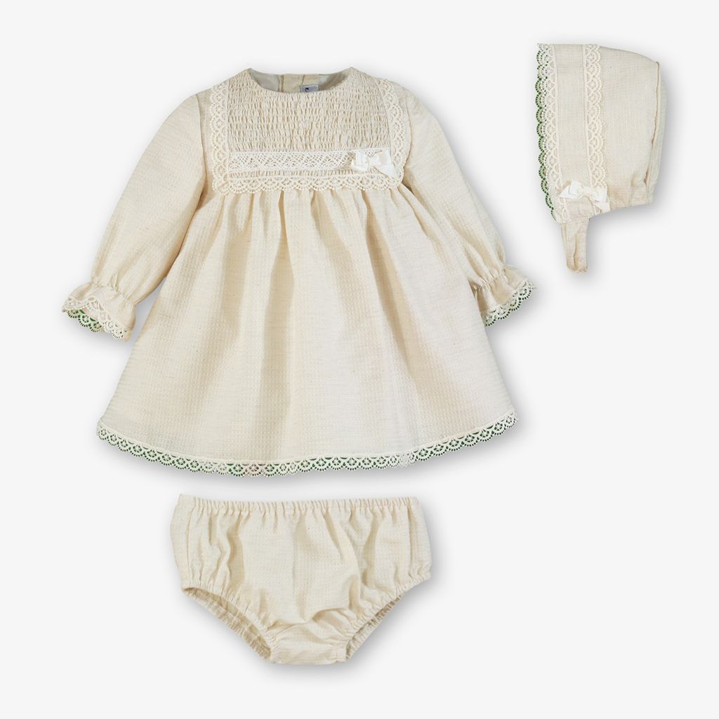 VESTIDO BRAGUITA GORRO BEBE CRUDO CEREMONIA - Menta Moda Infantil
