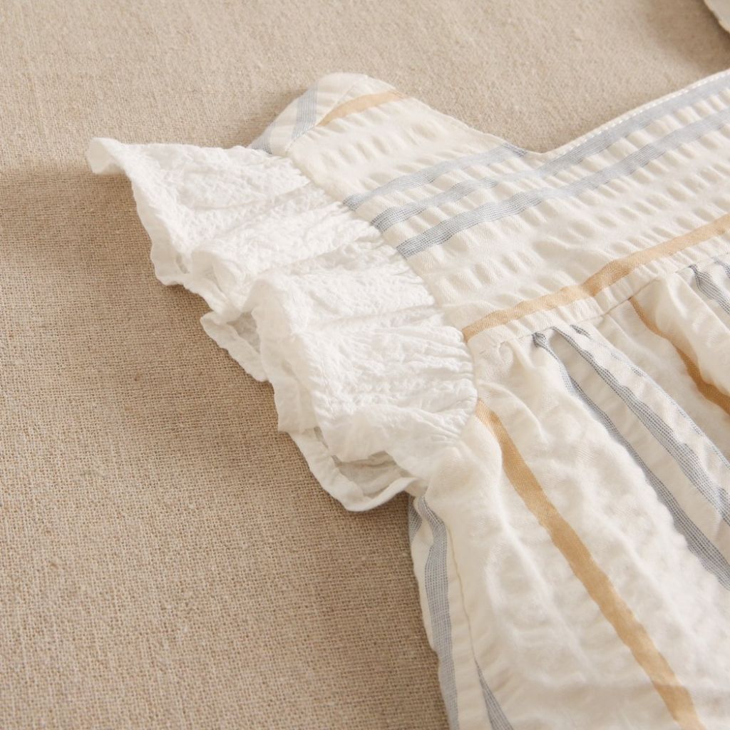 VESTIDO DE BEBÉ NIÑA CON BRAGUITA RAYAS AZULES Y CAMEL