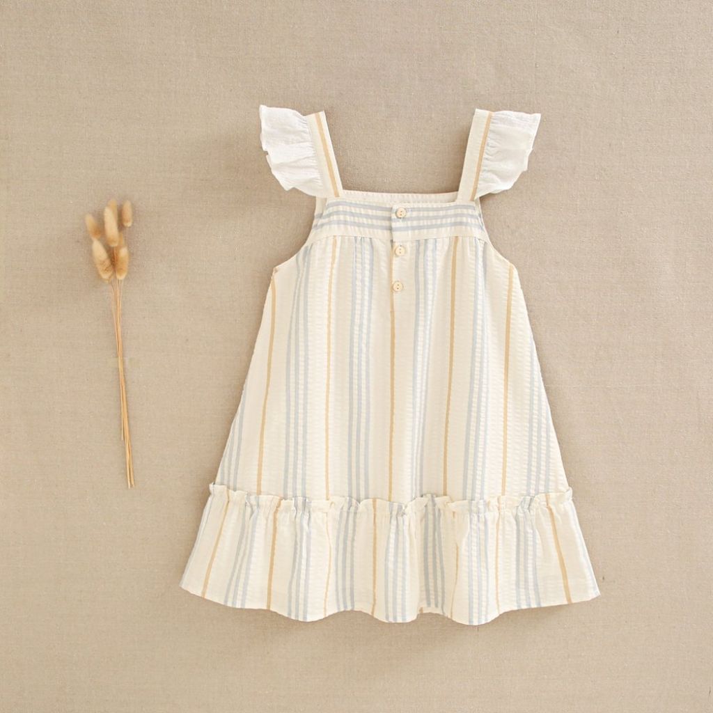 VESTIDO DE NIÑA CON RAYAS AZULES Y CAMEL