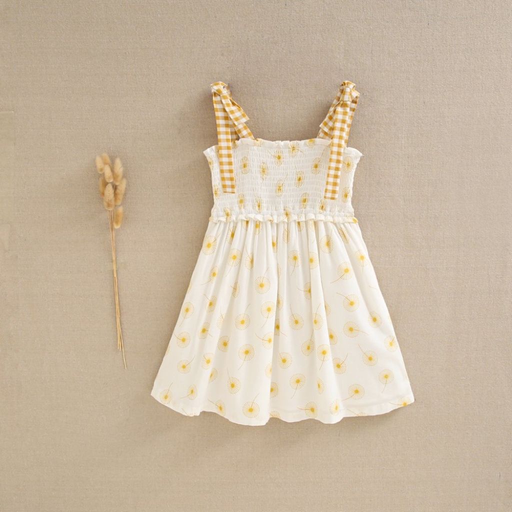 VESTIDO DE NIÑA DE TIRANTES CON ESTAMPADO DE DIENTE LEÓN EN MOSTAZA