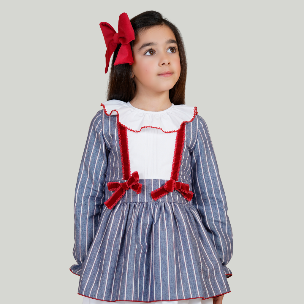 VESTIDO FORMAL PARA NIÑA AZUL DE RAYAS CON ROJO