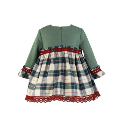 VESTIDO NIÑA MANGA LARGA CUADROS VERDE GRANATE