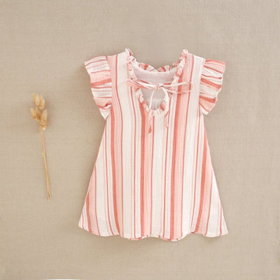 VESTIDO DE NIÑA ESTAMPADO DE RAYAS EN TONOS CORAL