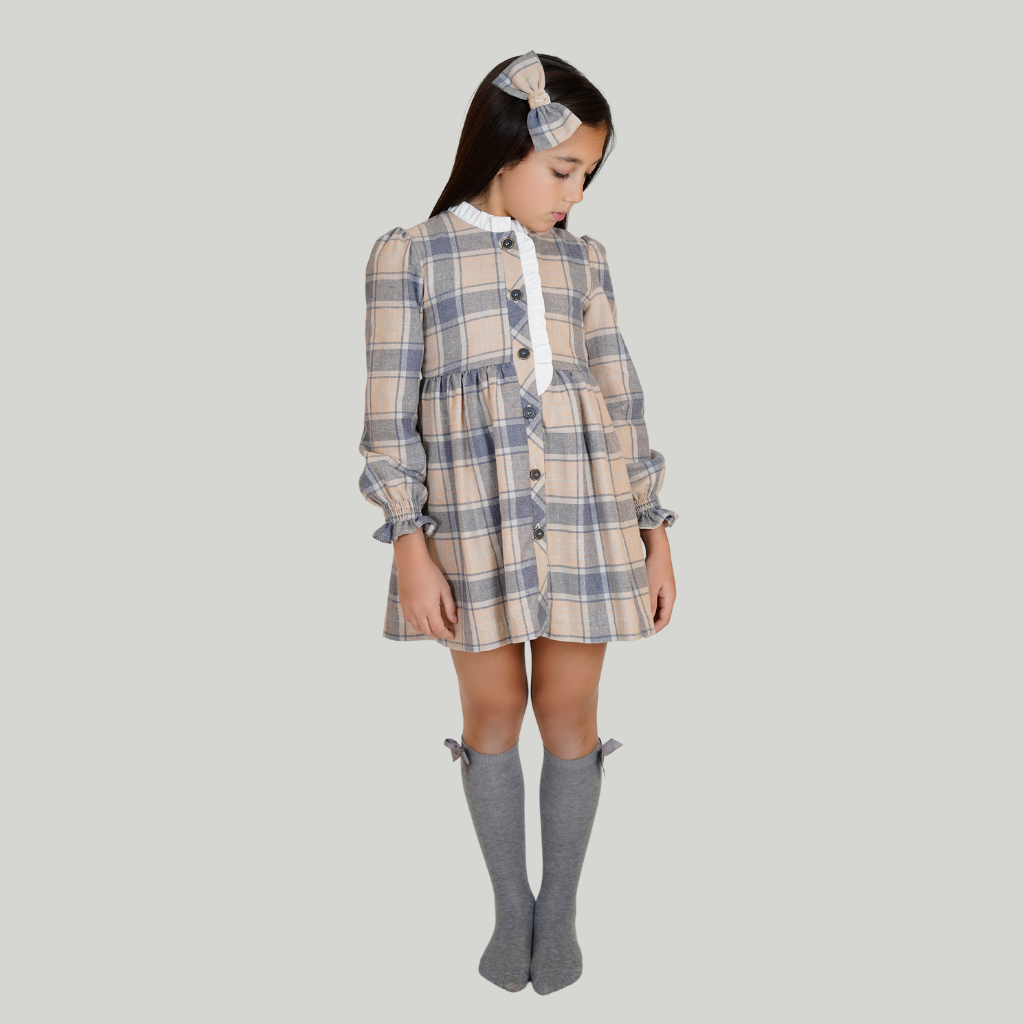 VESTIDO DE CUADROS BEIGE Y AZUL GRISACEO PARA NIÑA