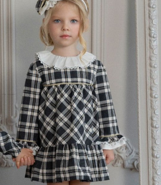 VESTIDO CUADROS NEGRO CON DORADO