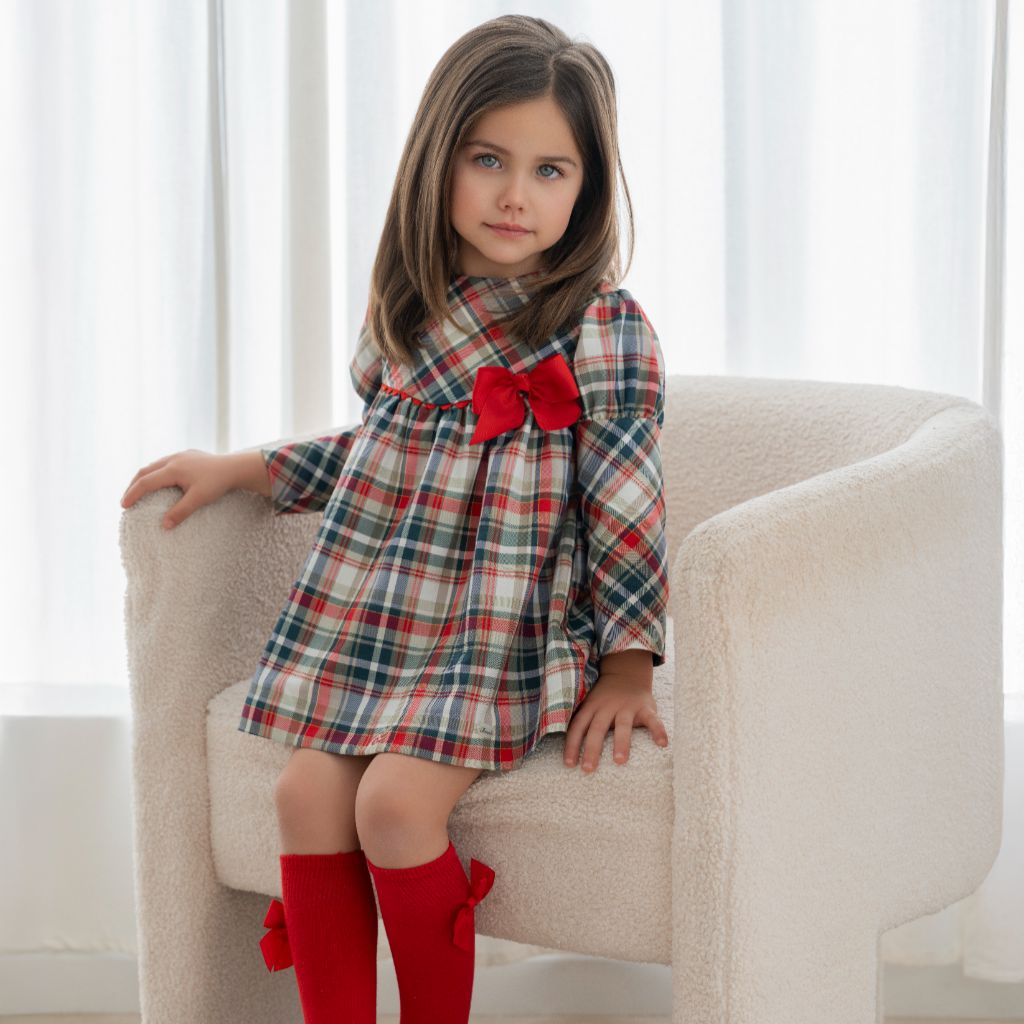 VESTIDO NIÑA CUADROS VERDE ROJO Y MARINO