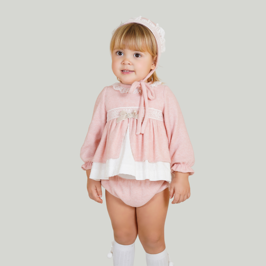 VESTIDO BEBÉ ROSA CON MARFIL Y ENCAJE