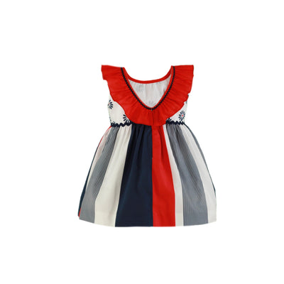 VESTIDO PARA NIÑA CON RAYAS DE COLOR ROJO, MARINO Y BLANCO
