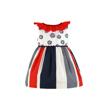 VESTIDO PARA NIÑA CON RAYAS DE COLOR ROJO, MARINO Y BLANCO