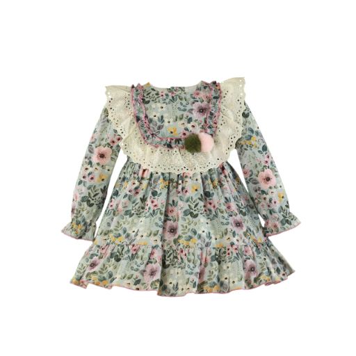 VESTIDO NIÑA MANGA LARGA FLORAL AZUL VERDOSO