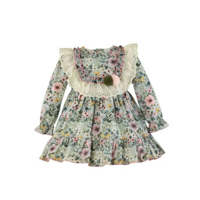 VESTIDO NIÑA MANGA LARGA FLORAL AZUL VERDOSO