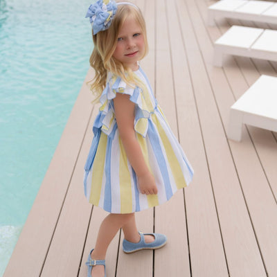 VESTIDO INFANTIL FRANJAS AMARILLO CELESTE - Menta Moda Infantil