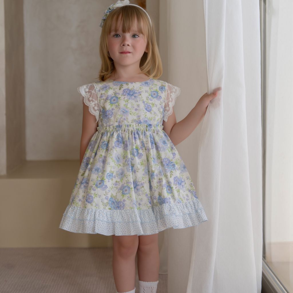 VESTIDO INFANTIL FLORES AZUL VERDE LILA - Menta Moda Infantil