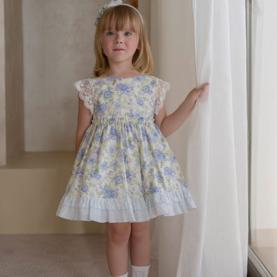 VESTIDO INFANTIL FLORES AZUL VERDE LILA - Menta Moda Infantil