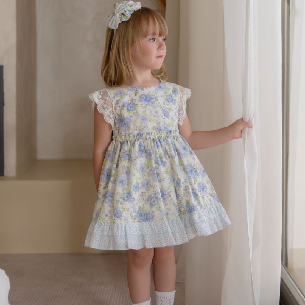 VESTIDO INFANTIL FLORES AZUL VERDE LILA - Menta Moda Infantil