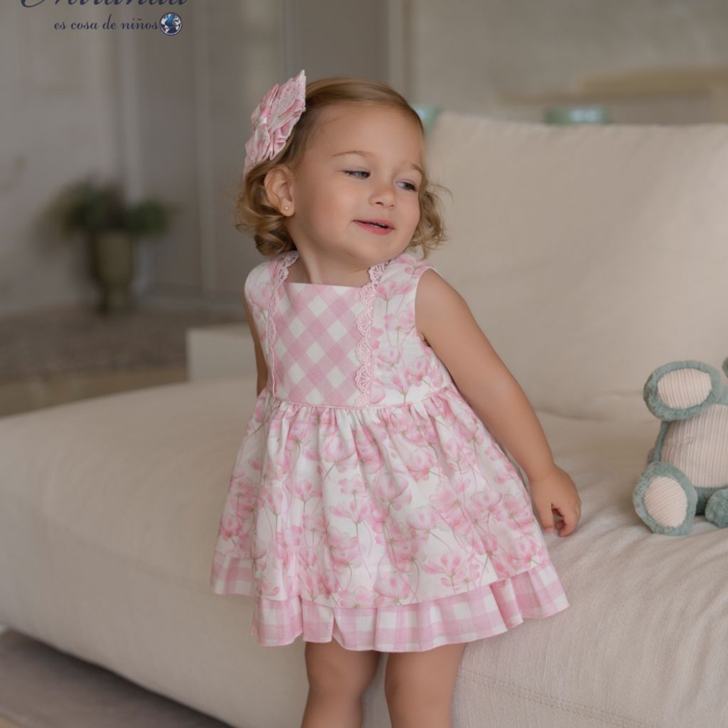 VESTIDO BRAGUITA BEBE FLORES ROSA - Menta Moda Infantil
