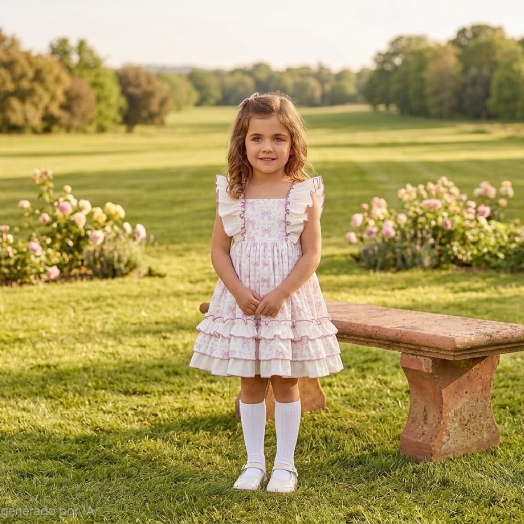 VESTIDO IVORY ESTAMPADO MOÑOS ROSA MALVA OLANES HOMBROS - Menta Moda Infantil