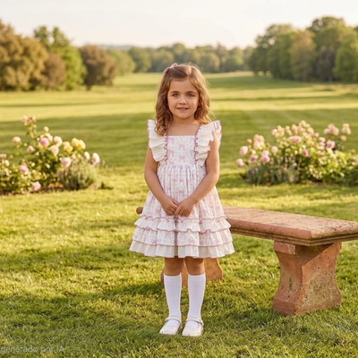 VESTIDO IVORY ESTAMPADO MOÑOS ROSA MALVA OLANES HOMBROS - Menta Moda Infantil