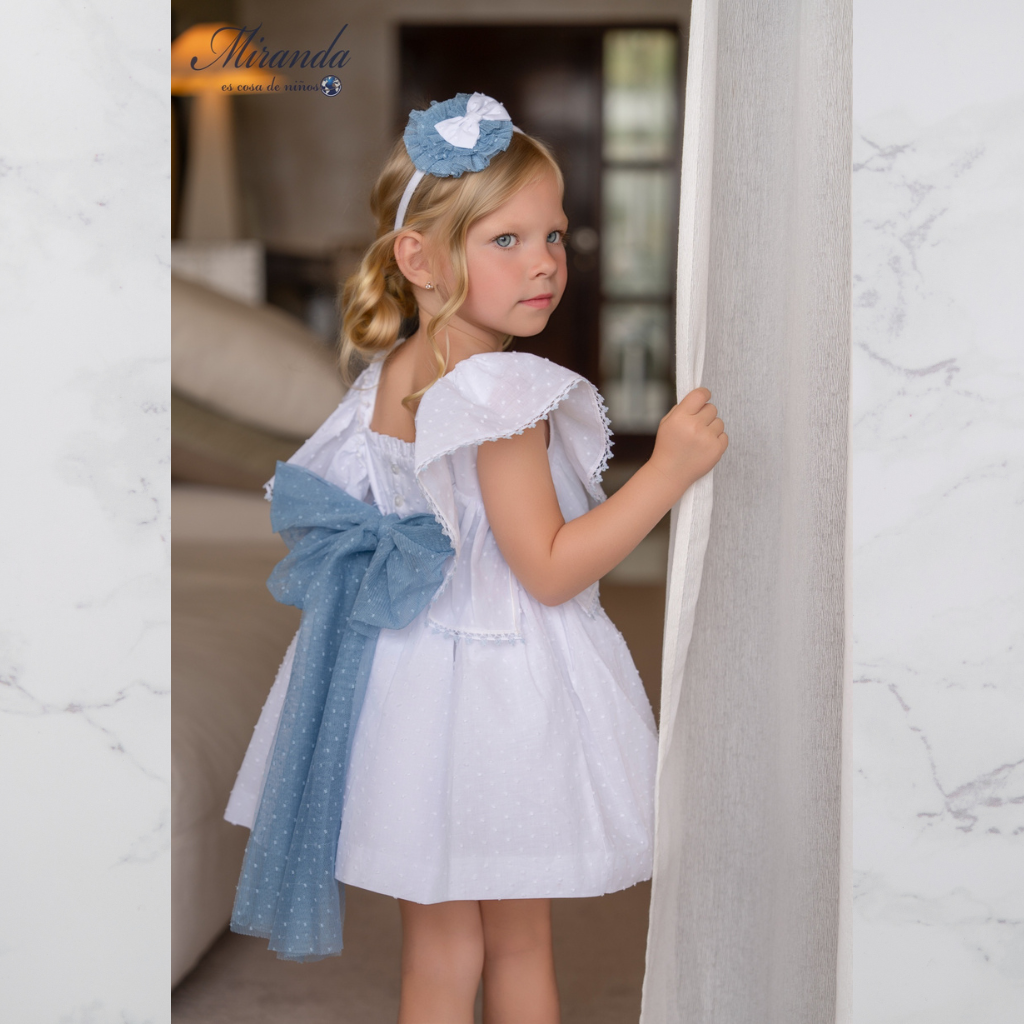 VESTIDO INFANTIL BLANCO FAJIN AZUL - Menta Moda Infantil