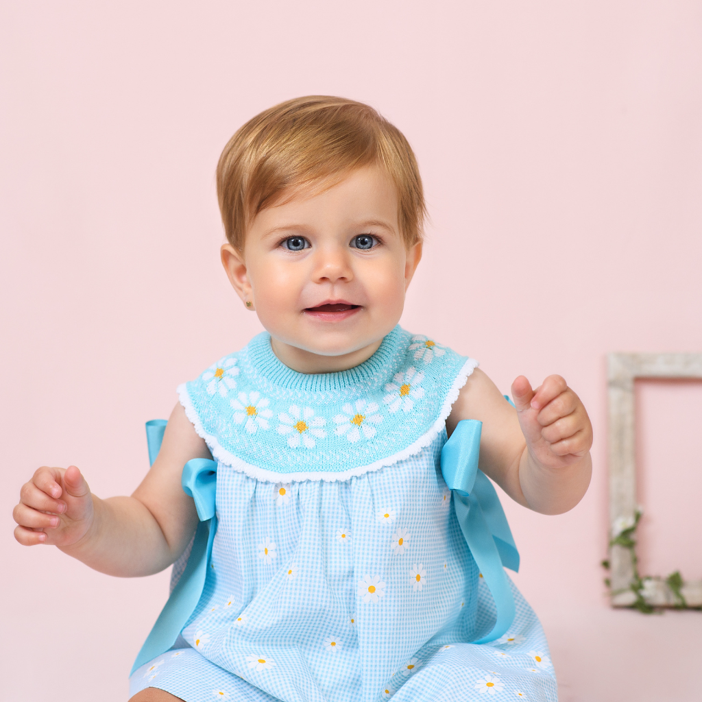 VESTIDO BEBÉ NIÑA PUNTO TURQUESA MARGARITAS - Menta Moda Infantil