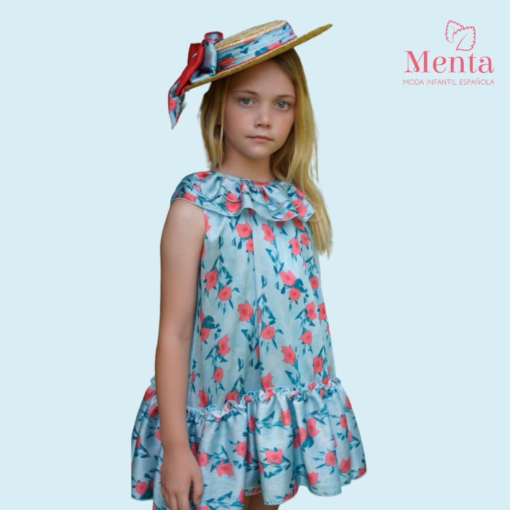 VESTIDO NIÑA LINEA A ESTAMPADO AZUL ACQUA CON ROJO - Menta Moda Infantil