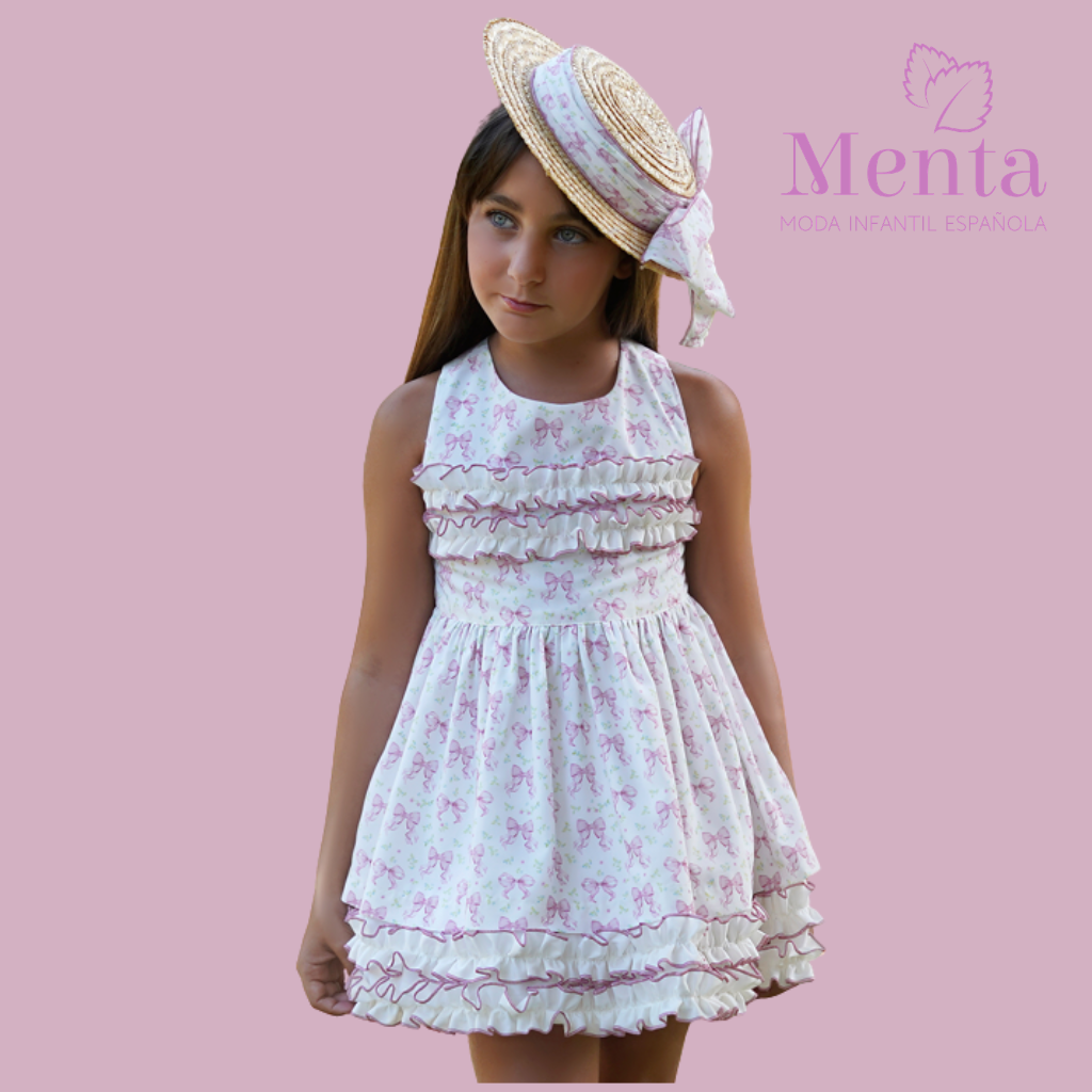 VESTIDO IVORY ESTAMPADO MOÑOS ROSA MALVA ESCOTE ESPALDA - Menta Moda Infantil